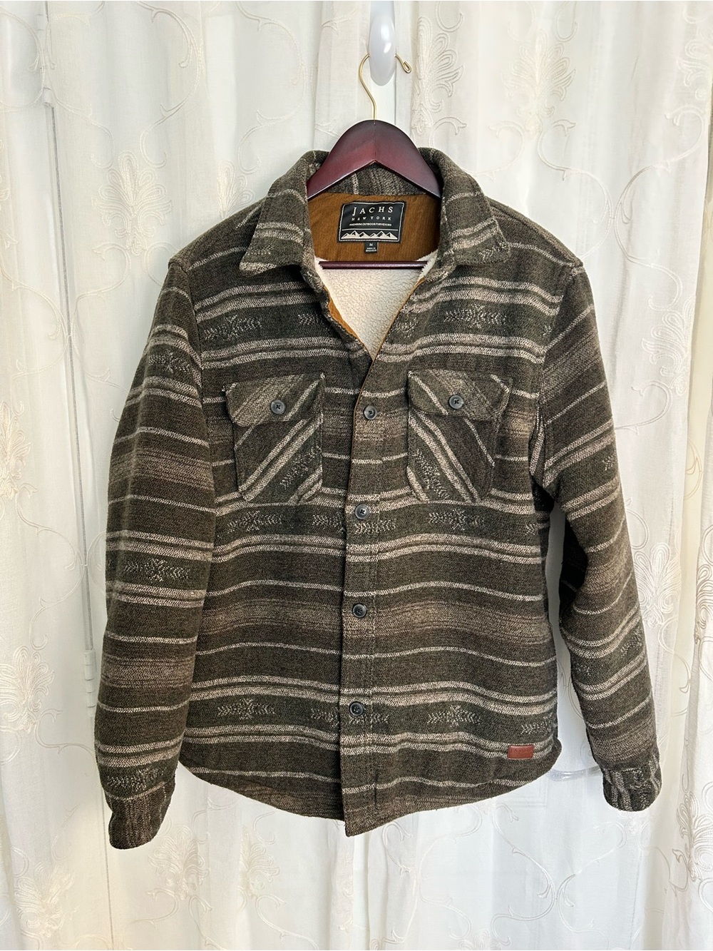 Jachs NY Men's Sherpa Lined Wool Blend Aztec Stripe Shirt Jacket Medium